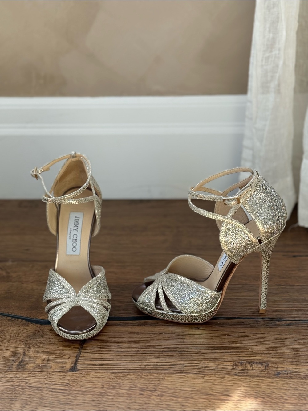 Jimmy Choo Glitter Strappy Platform Stilettos